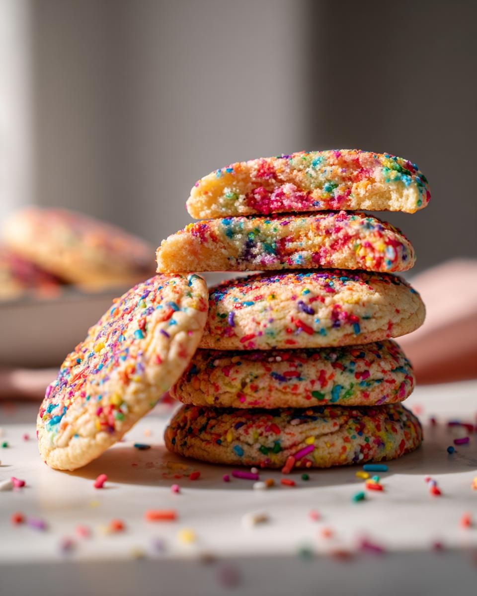 Close-up of a stack of Rainbow Sprinkle Cookies, showing colorful sprinkles and a soft texture.