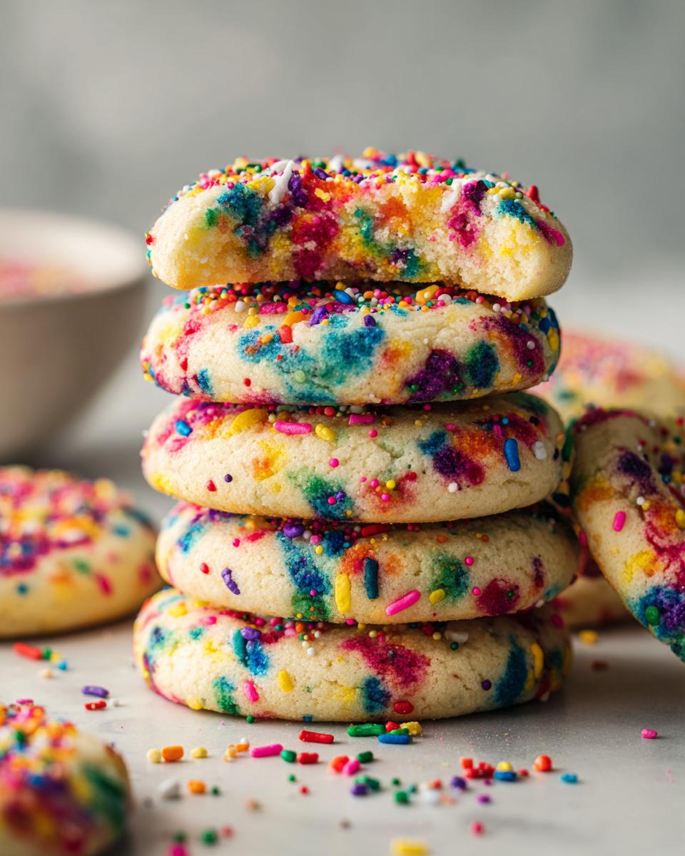 Close-up of a stack of Rainbow Sprinkle Cookie Stacks covered in colorful sprinkles.