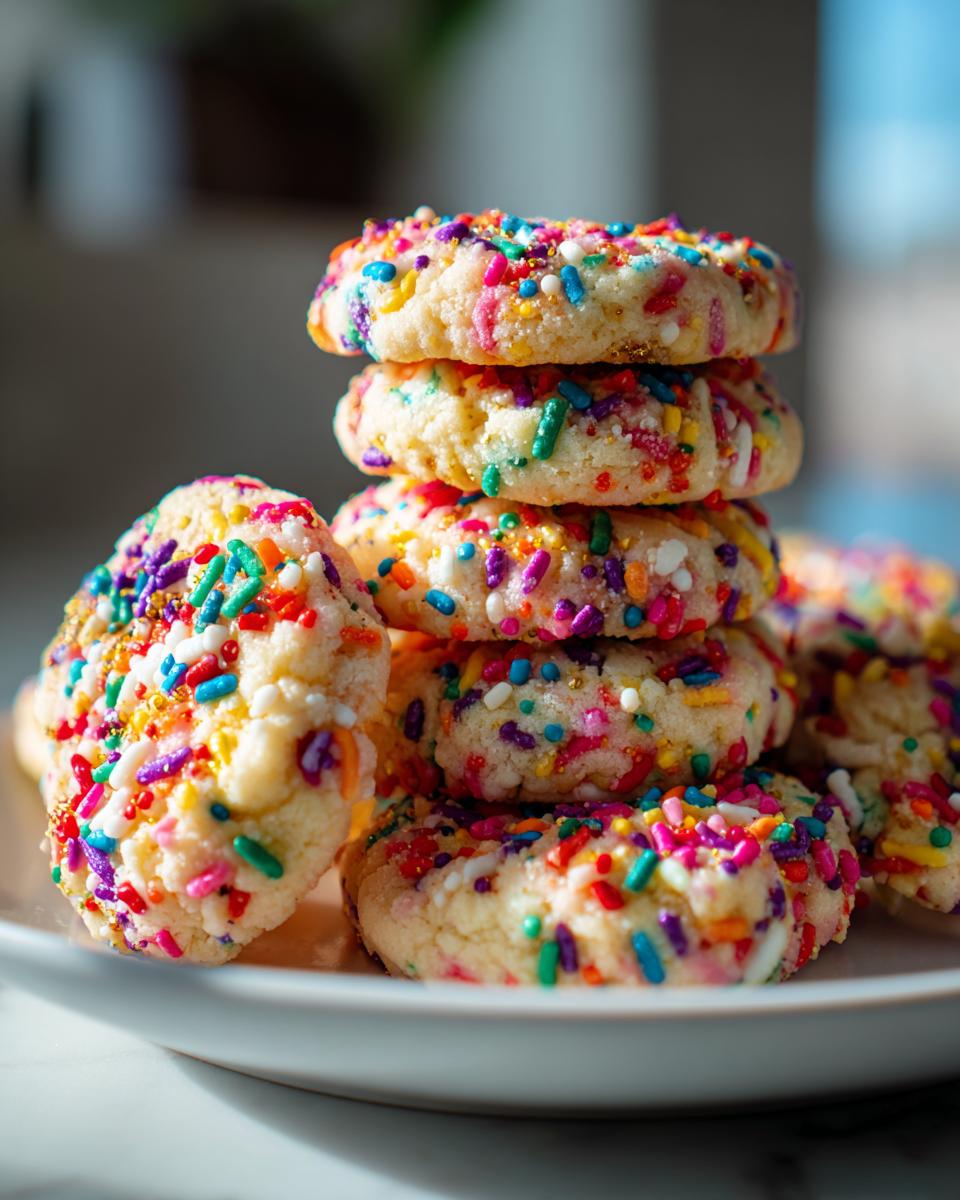 Close-up of a stack of delicious Rainbow Sprinkle Cookie Stacks on a white plate.