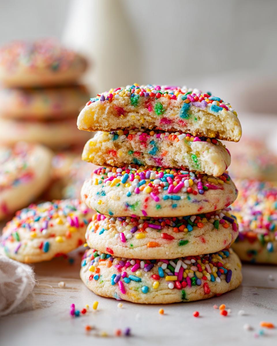 Close-up of a stack of Rainbow Sprinkle Cookie Stacks covered in colorful sprinkles.