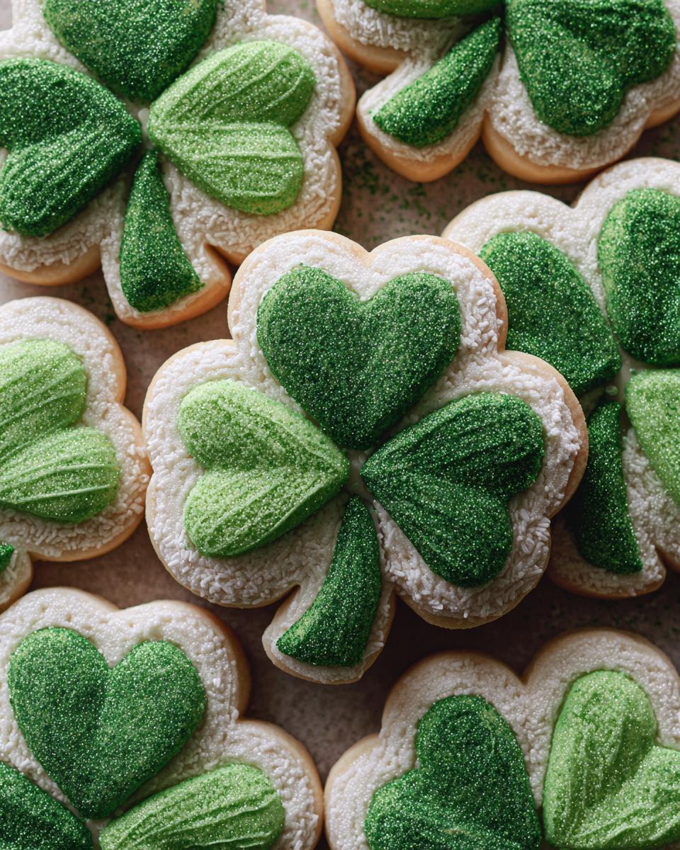 Overhead view of decorated Shamrock Sugar Cookies with green sugar sprinkles.