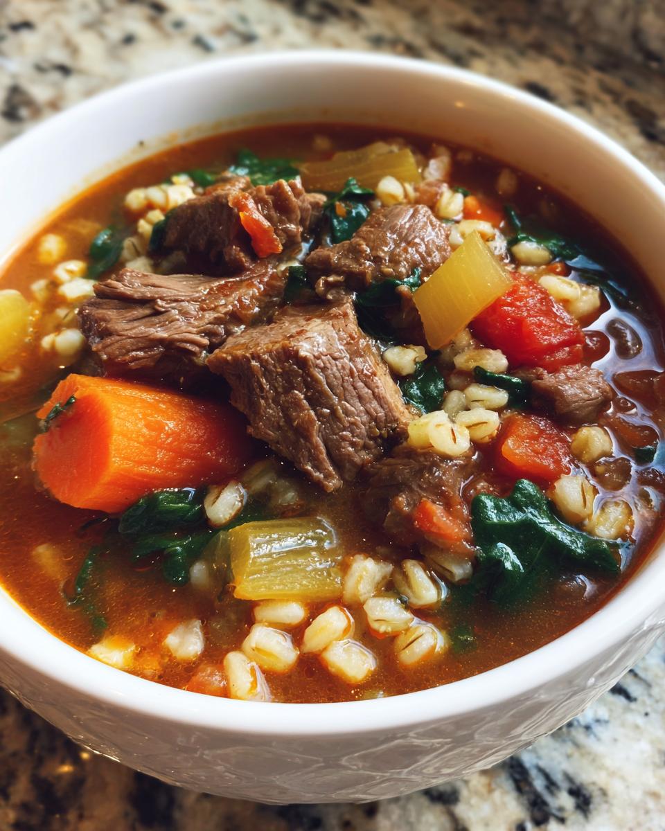 Close-up of a bowl of Slow Cooker Beef Barley Stew, showing beef, barley, and vegetables.