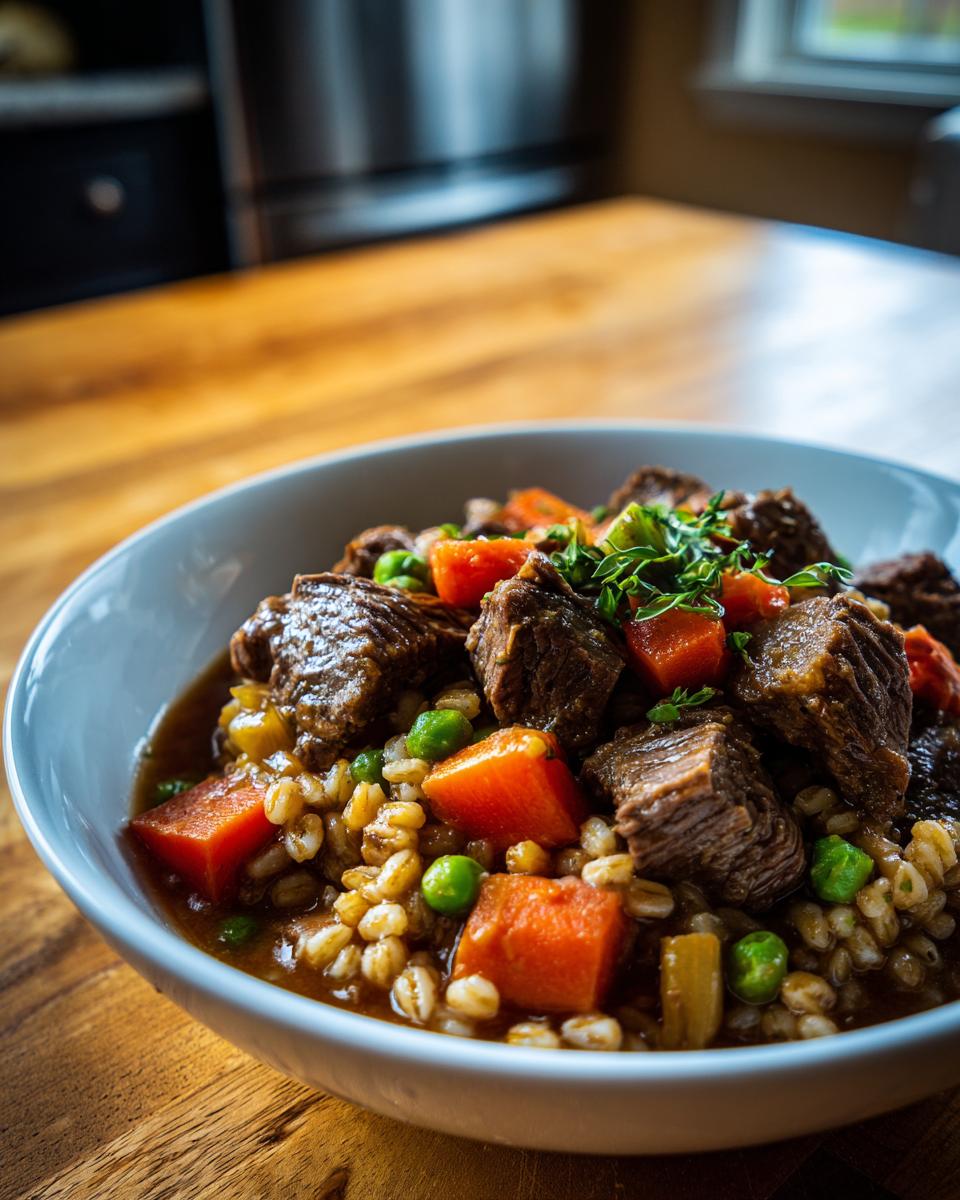 Close-up of a bowl of Slow Cooker Beef Barley Stew with beef, barley, carrots, and peas.