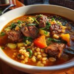 Close-up of a bowl filled with Slow Cooker Beef Barley Stew, showing beef chunks, barley, and vegetables.