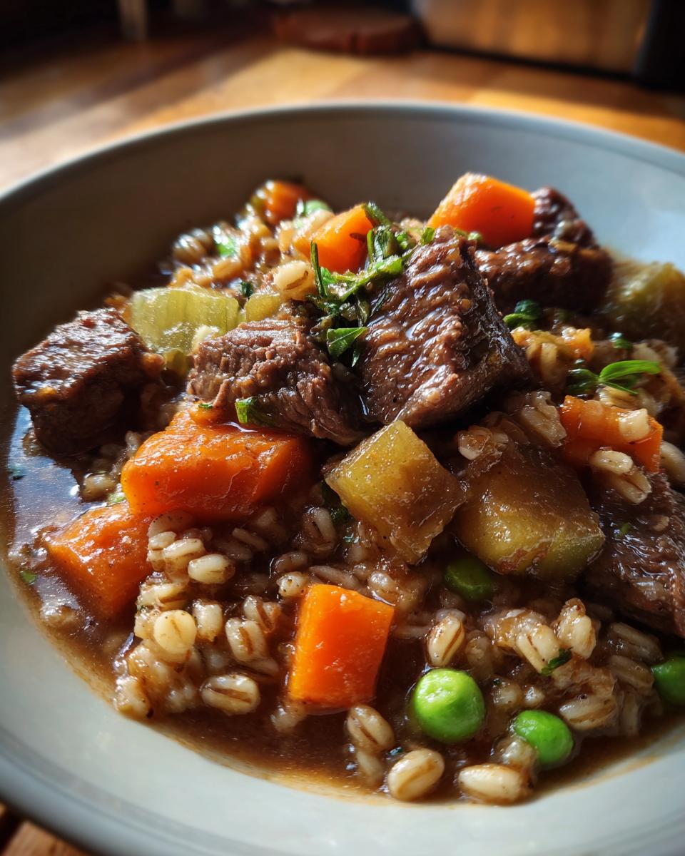 Close-up of a bowl filled with Slow Cooker Beef Barley Stew, featuring beef, barley, and vegetables.