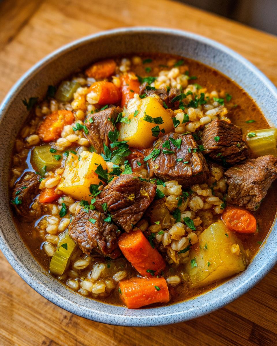Close-up of a bowl filled with Slow Cooker Beef Barley Stew, showing beef chunks, barley, and vegetables.