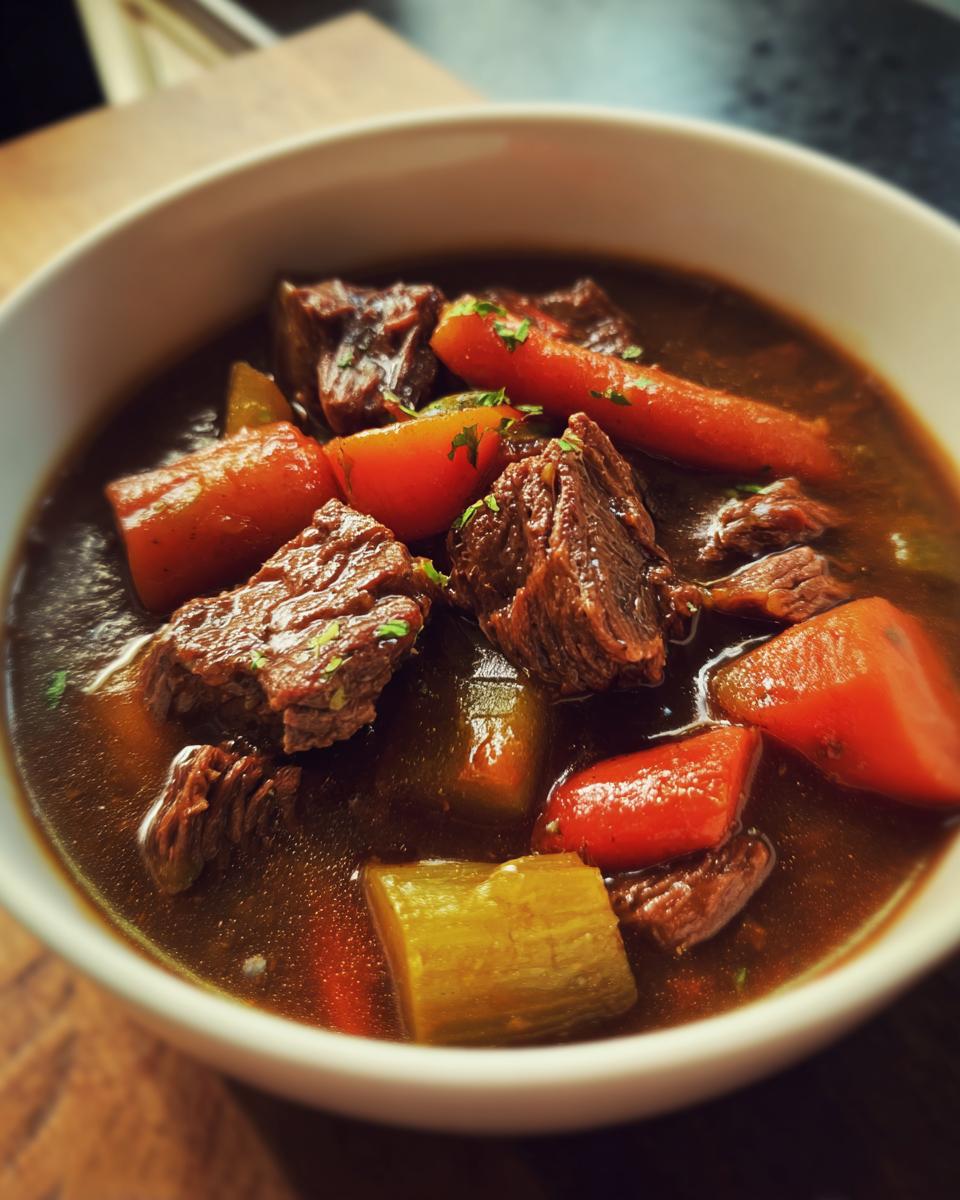 Close-up of a bowl of Spicy Guinness Beef Stew with beef chunks, carrots, and celery.