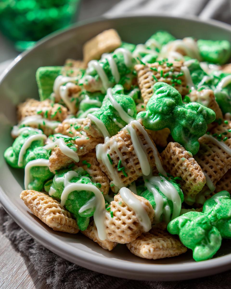 Close-up of a bowl filled with St. Patrick's Day Animal Cracker Mix, drizzled with icing and sprinkles.