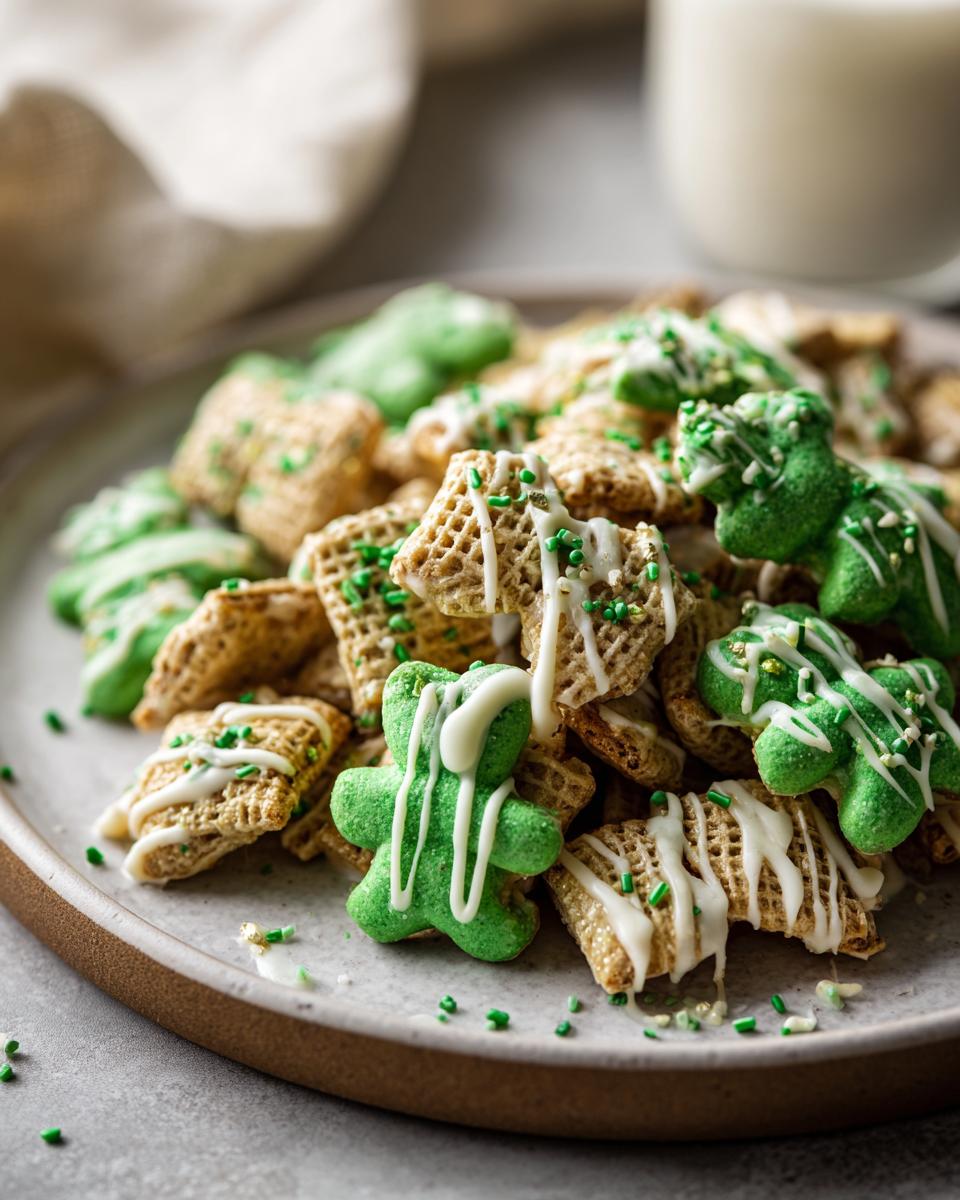 Close-up of a plate of St. Patrick's Day Animal Cracker Mix with green and white decorations.