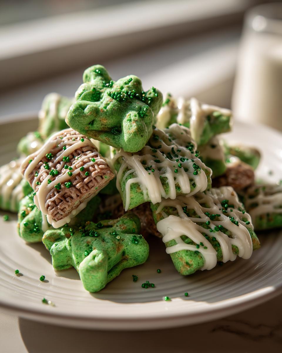 Close-up of St. Patrick's Day Animal Cracker Mix, green and white, on a plate.