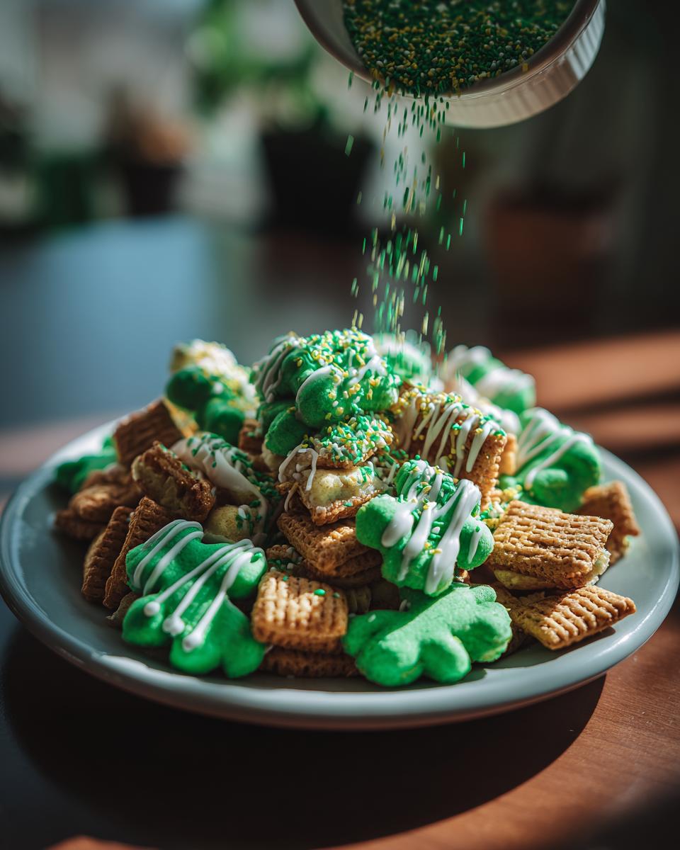Close-up of a plate of St. Patrick’s Day Animal Cracker Mix with green sprinkles being added.