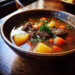 Close-up of a bowl of delicious Steak And Potato Soup with beef, potatoes, and carrots.
