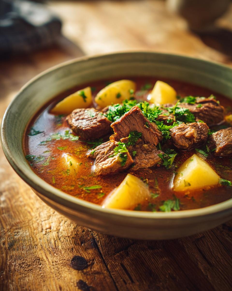 Close-up of a bowl of delicious Steak And Potato Soup with chunks of steak and potatoes.