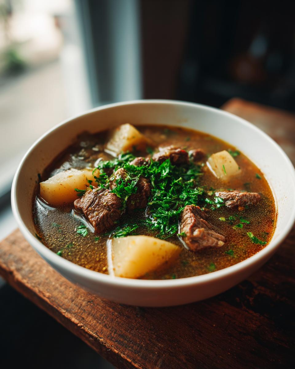 Close-up of a bowl of delicious Steak And Potato Soup with chunks of meat and potatoes.