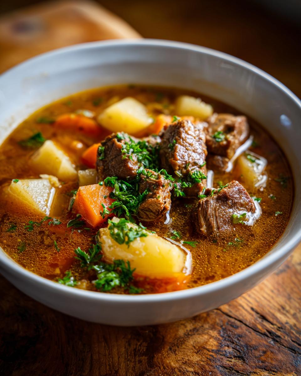 Close-up of a bowl of delicious Steak And Potato Soup with chunks of steak, potatoes, and carrots.