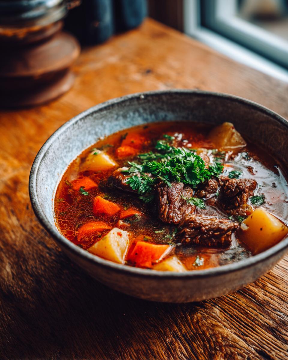 Close-up of a bowl of delicious steak and potato soup with beef, potatoes, and carrots.