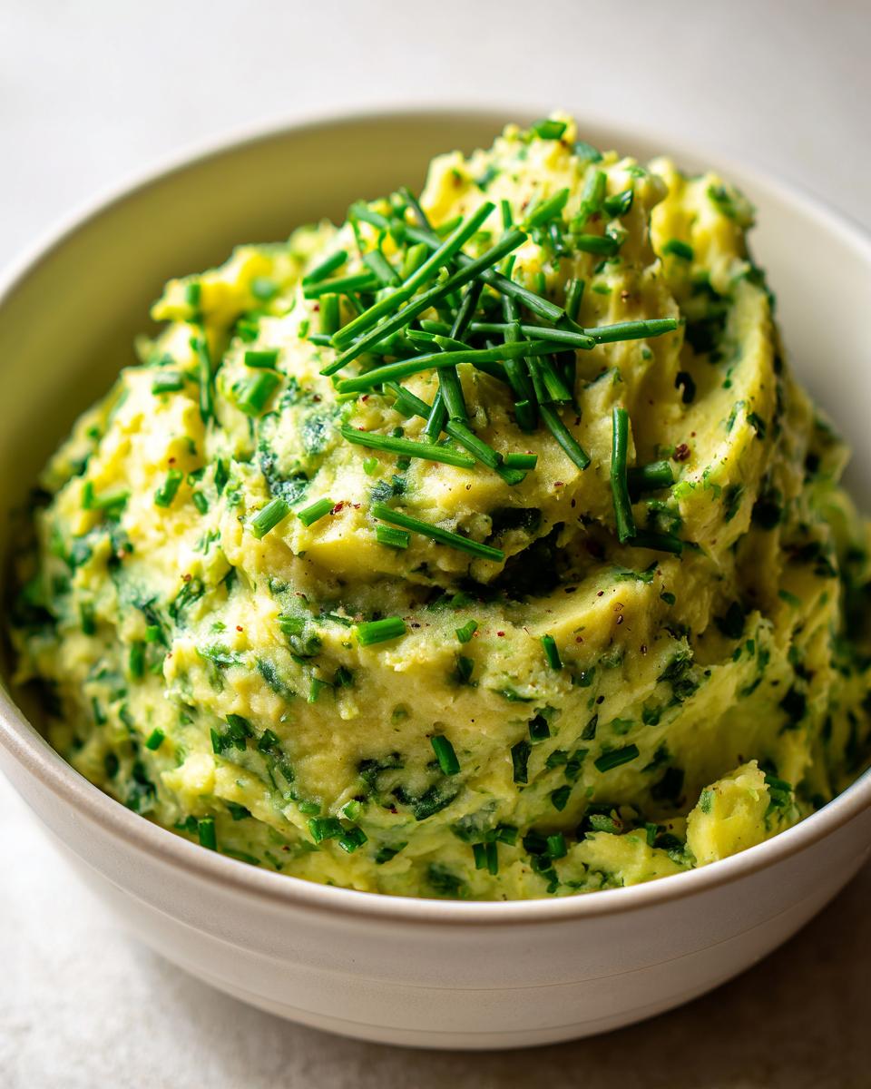 Close-up of a bowl filled with creamy Vegetarian Colcannon Soup, garnished with fresh chives.