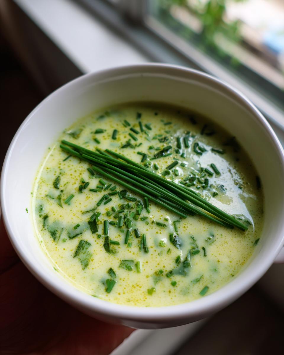 Close-up of a bowl of creamy Vegetarian Colcannon Soup, garnished with fresh chives.