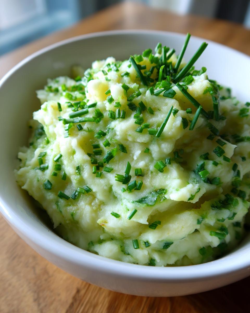 Close-up of creamy Vegetarian Colcannon Soup topped with fresh chives in a white bowl.