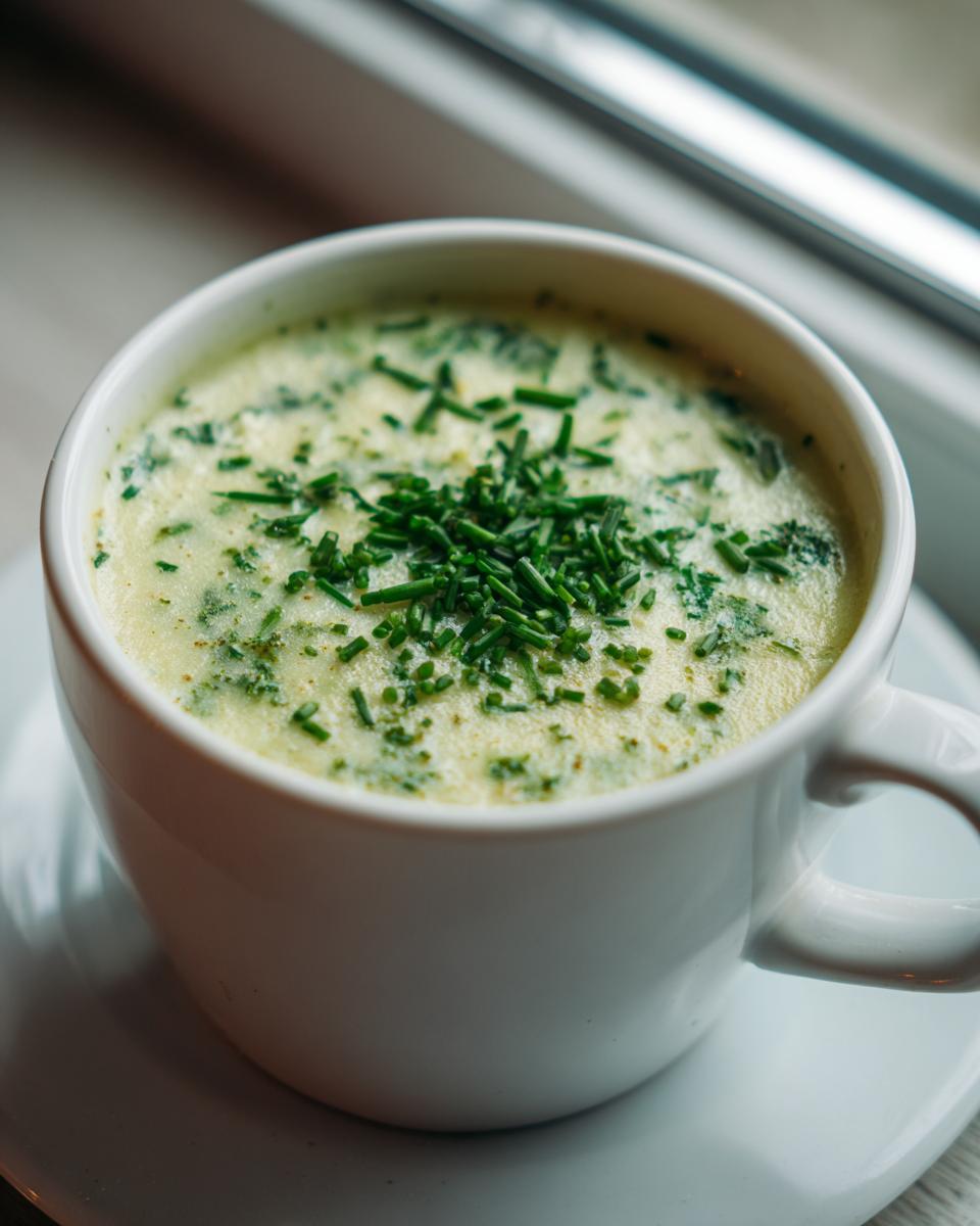 Close-up of a mug filled with Vegetarian Colcannon Soup, garnished with fresh herbs.