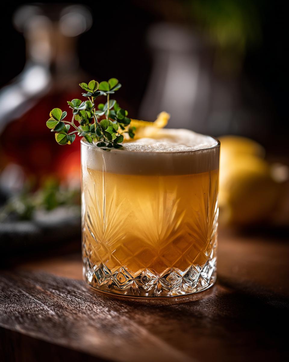 A refreshing Whiskey Sour with Clover Garnish, beautifully presented in a rocks glass.