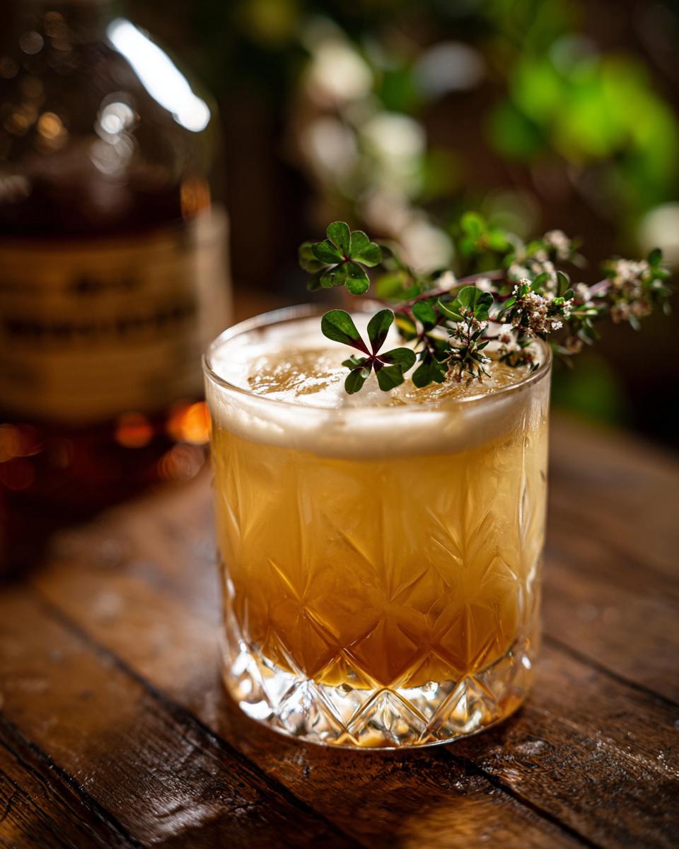 Close-up of a Whiskey Sour with Clover Garnish, beautifully presented in a rocks glass.