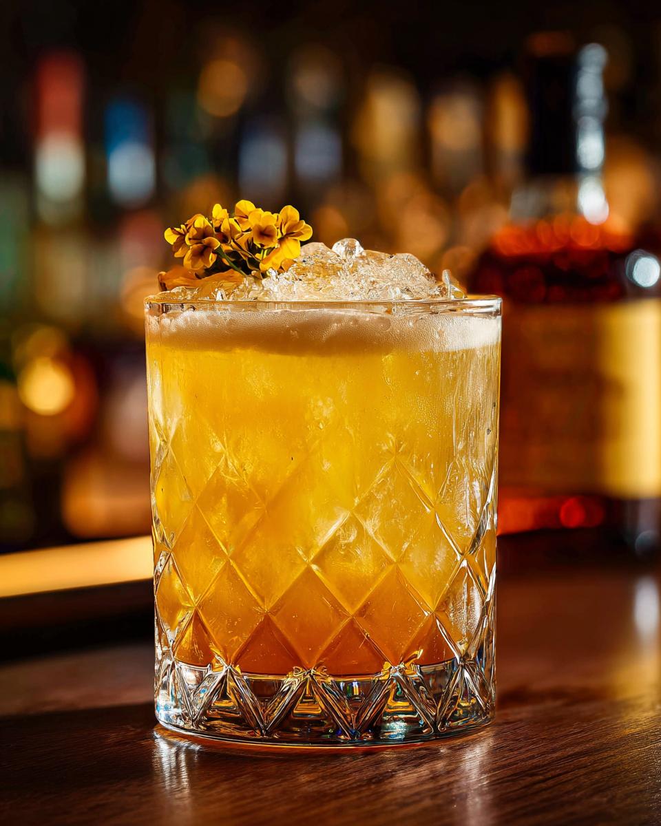 A refreshing Whiskey Sour with Clover Garnish in a crystal glass, garnished with flowers.