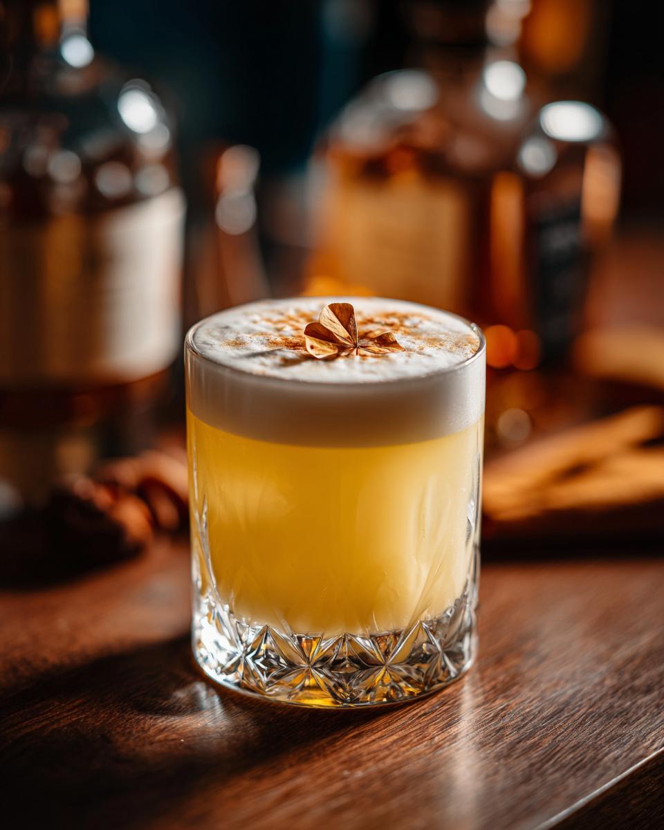 Close-up of a Whiskey Sour with Clover Garnish in a crystal glass, on a wooden surface.