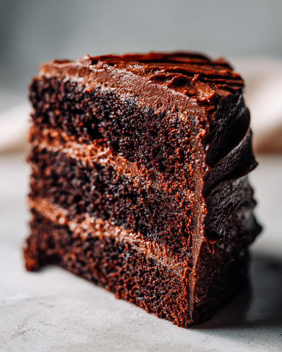 Close-up of a slice of rich chocolate cake, perfect for any chocolate lover's dream.