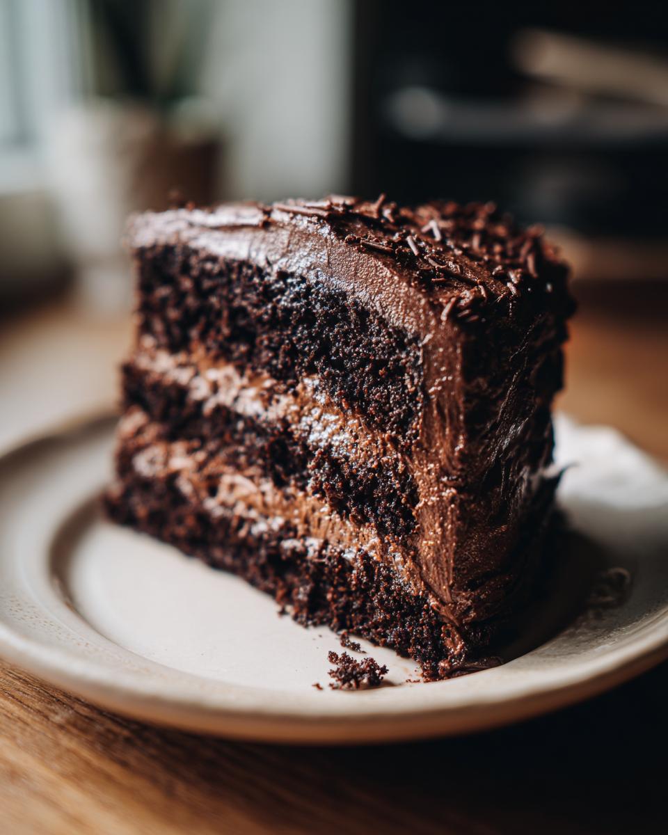 A delicious slice of chocolate cake, a treat that is what chocolate lovers dream of.