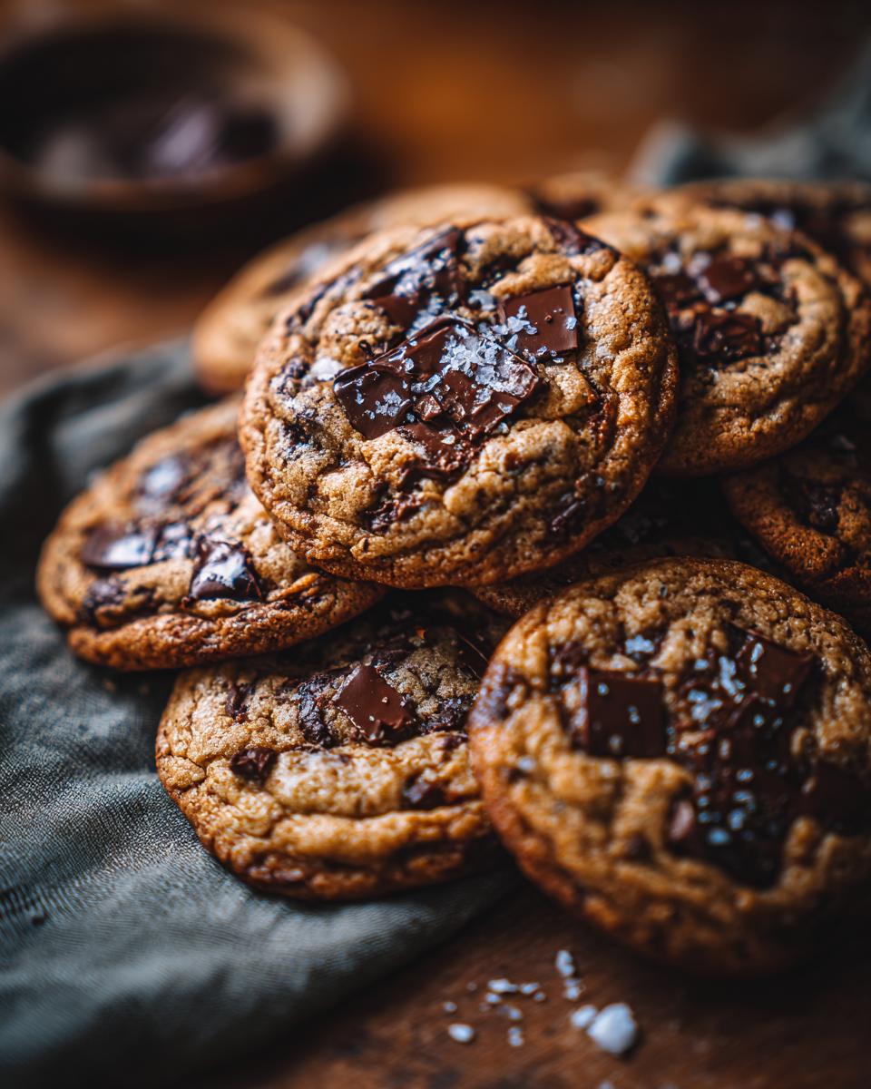 Close-up of a stack of chocolate chip cookies, the sweet treat, with large chocolate chunks and sea salt.