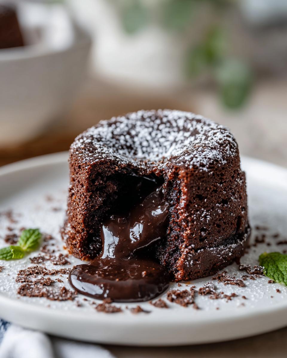 Close-up of a molten chocolate dessert, the chocolate dessert that breaks the internet, with flowing lava.