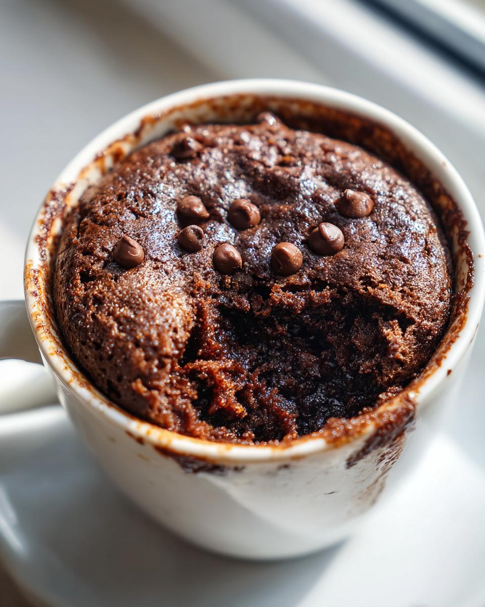Close-up of a chocolate mug cake, the perfect This Is My Go To Dessert.