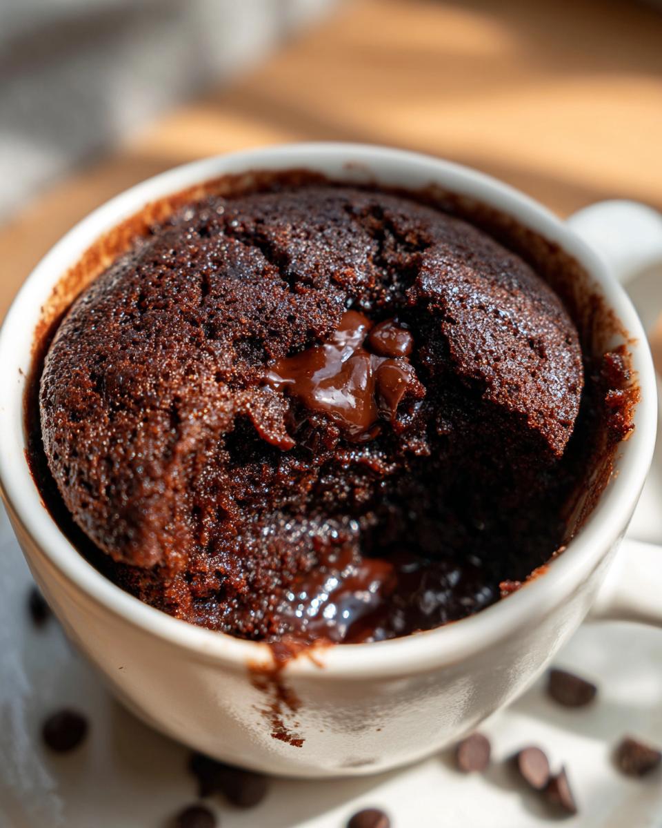 Close-up of a chocolate mug cake, a delicious go to dessert, with melted chocolate.