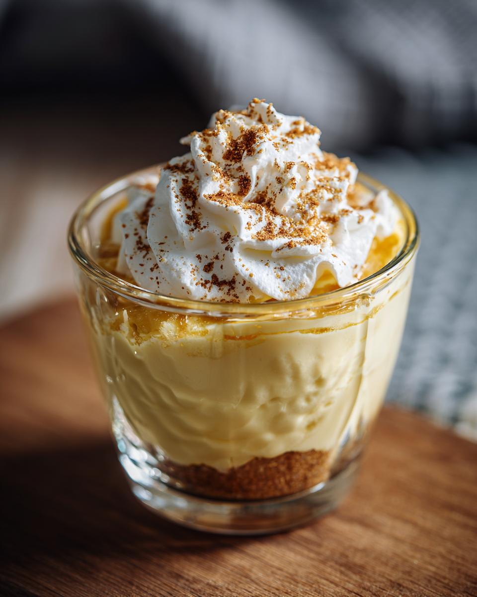 Close-up of a creamy dessert in a glass, topped with whipped cream. This Creamy Dessert is pure comfort.