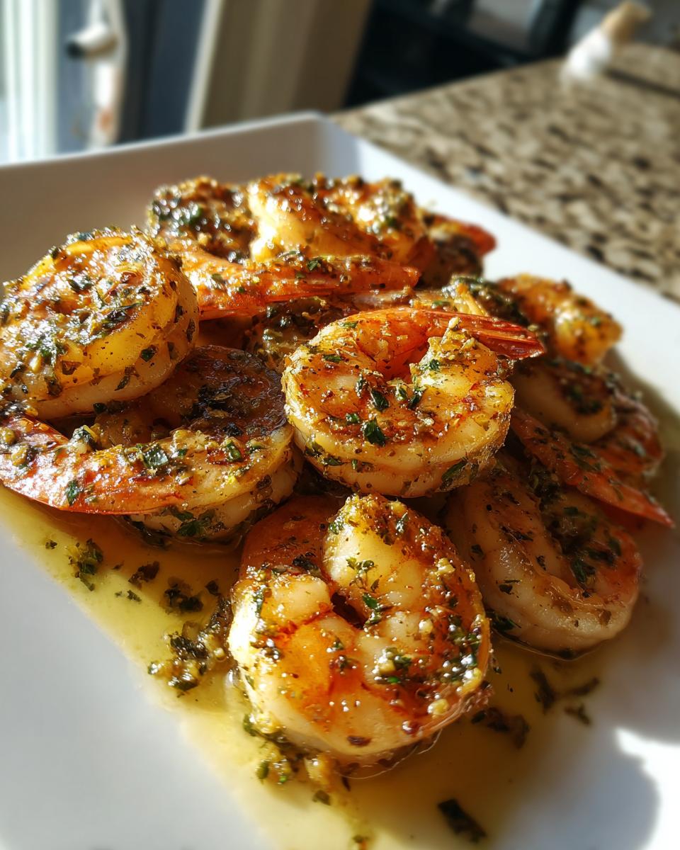 Close-up of cooked shrimp with herbs and sauce. This Takes Minutes but Tastes Fancy!