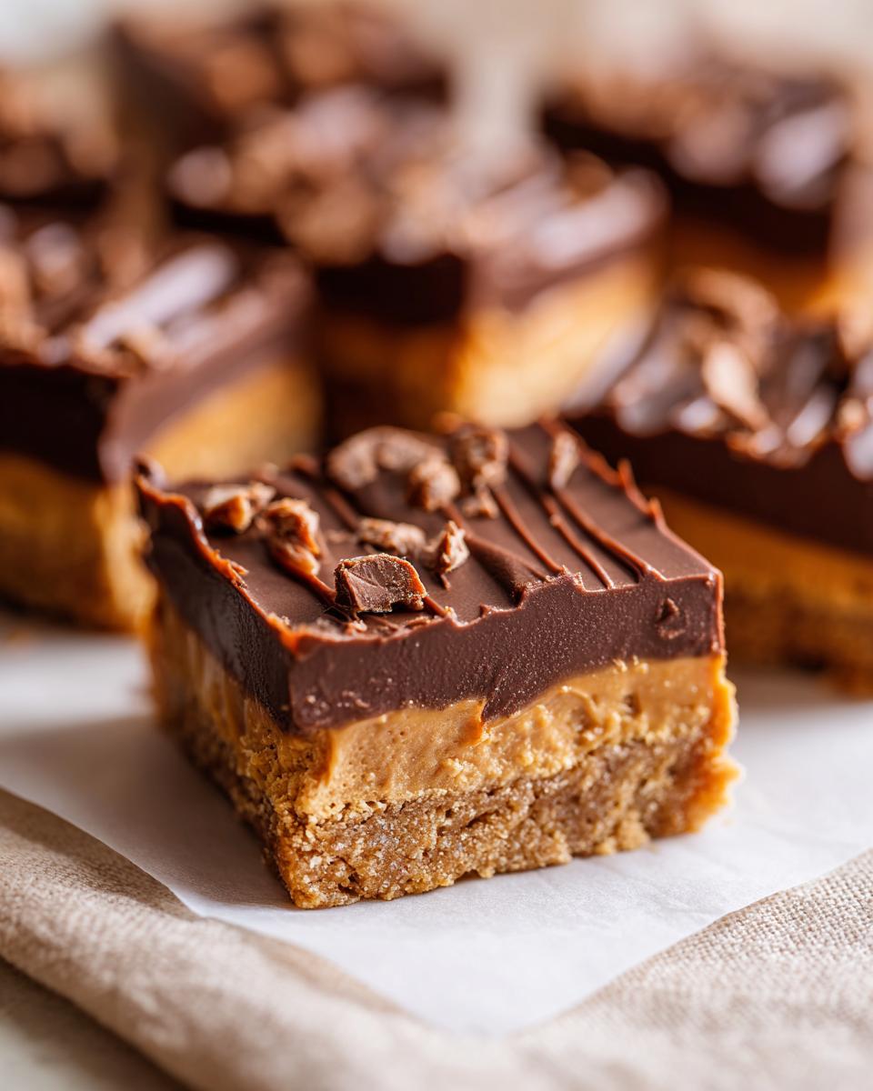 Close-up of The Lazy Dessert bar with chocolate and peanut butter layers.