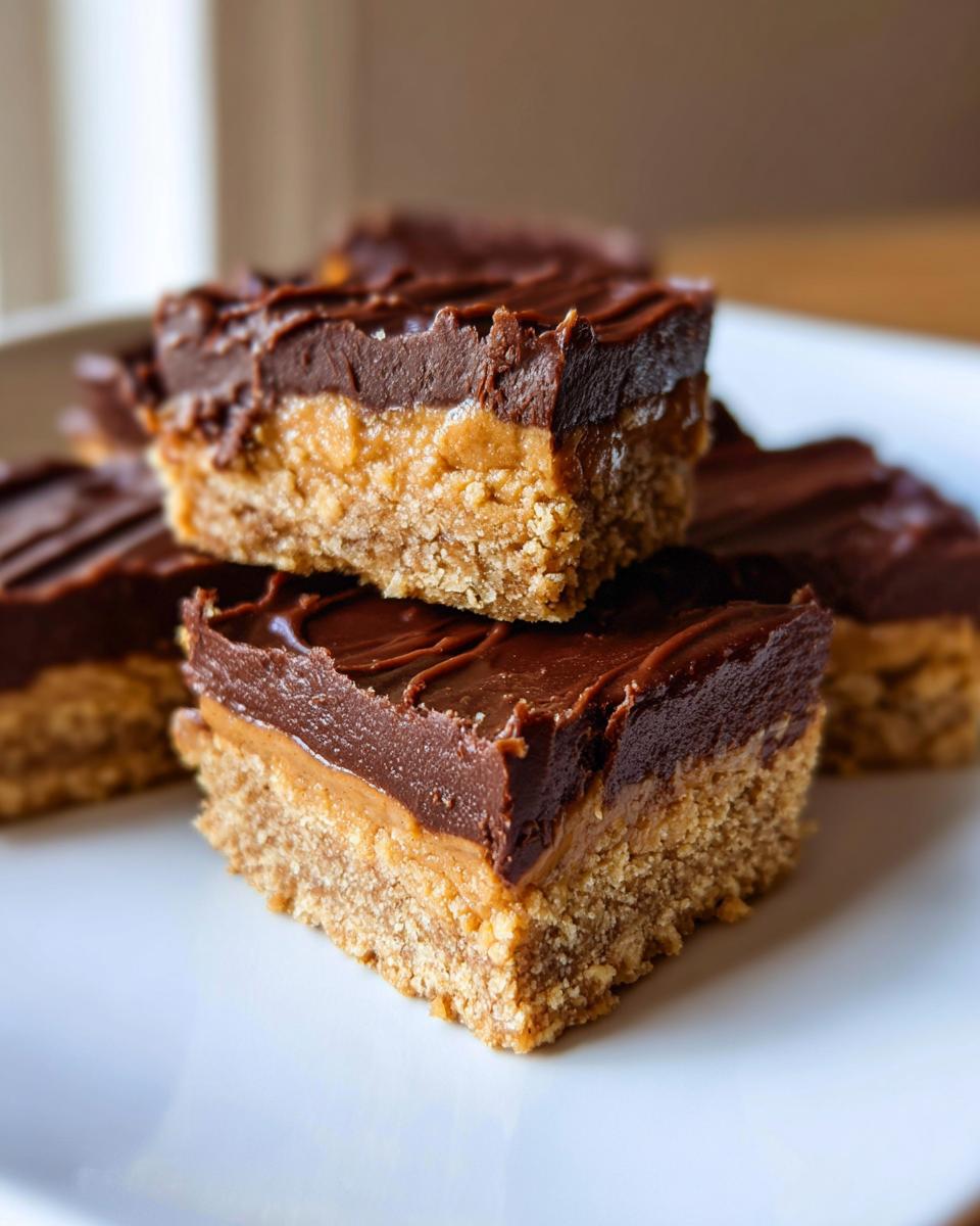 Close-up of The Lazy Dessert: chocolate peanut butter bars stacked on a white plate.