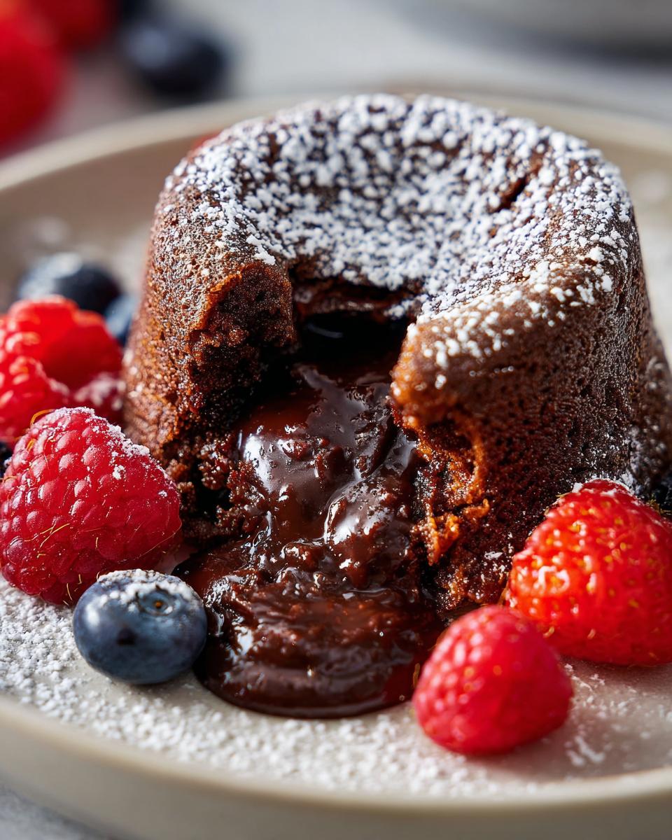 Close-up of a molten chocolate cake with fresh berries, the no fail dessert that always impresses.