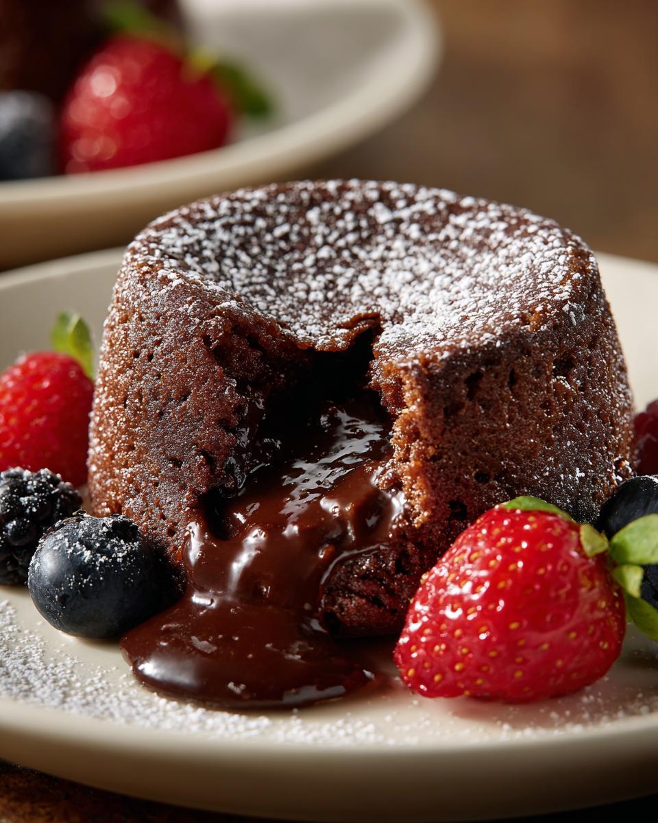 Close-up of a molten chocolate cake, the no fail dessert, with berries.