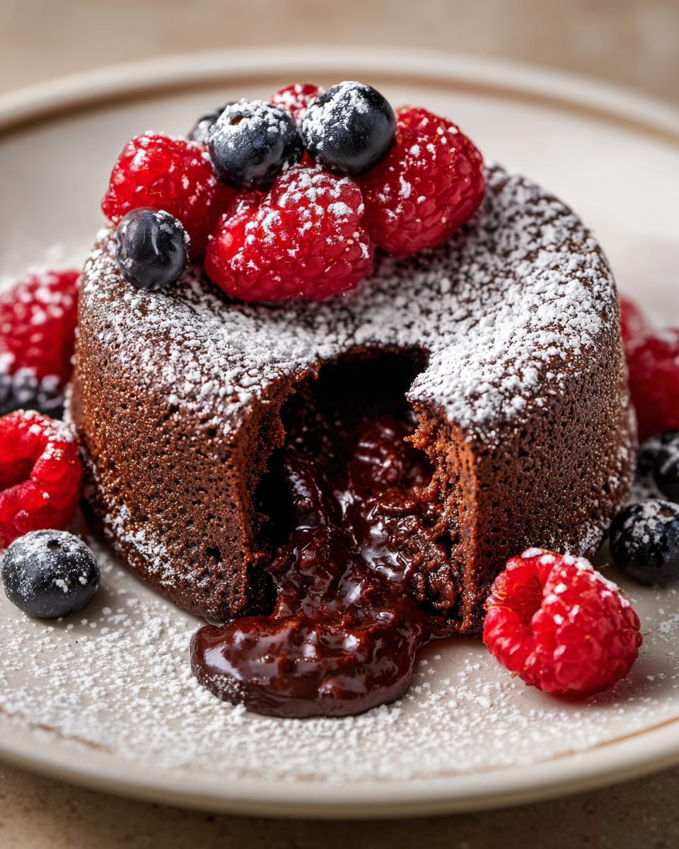 Close-up of a molten chocolate cake with fresh berries, a no fail dessert.