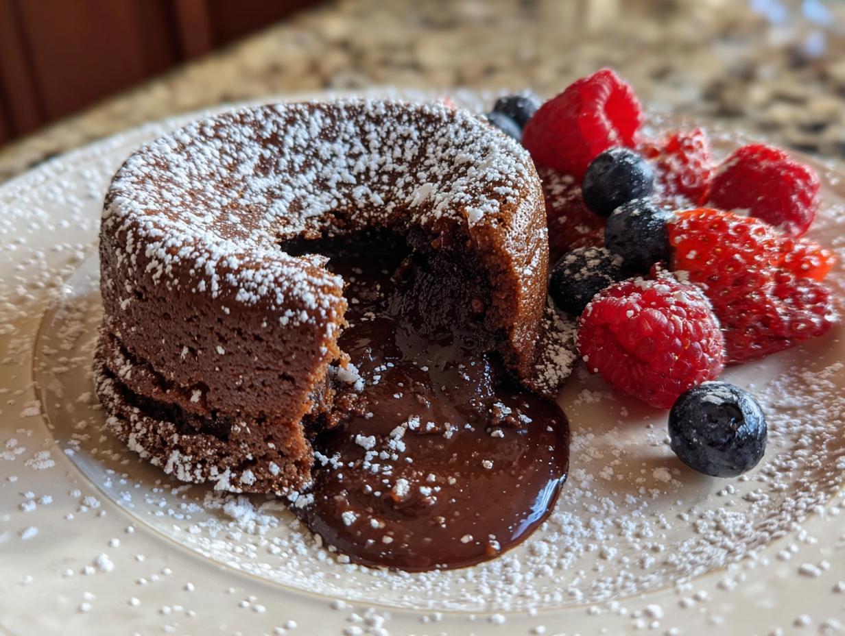 A delicious molten chocolate cake with fresh berries, a perfect no-fail dessert.