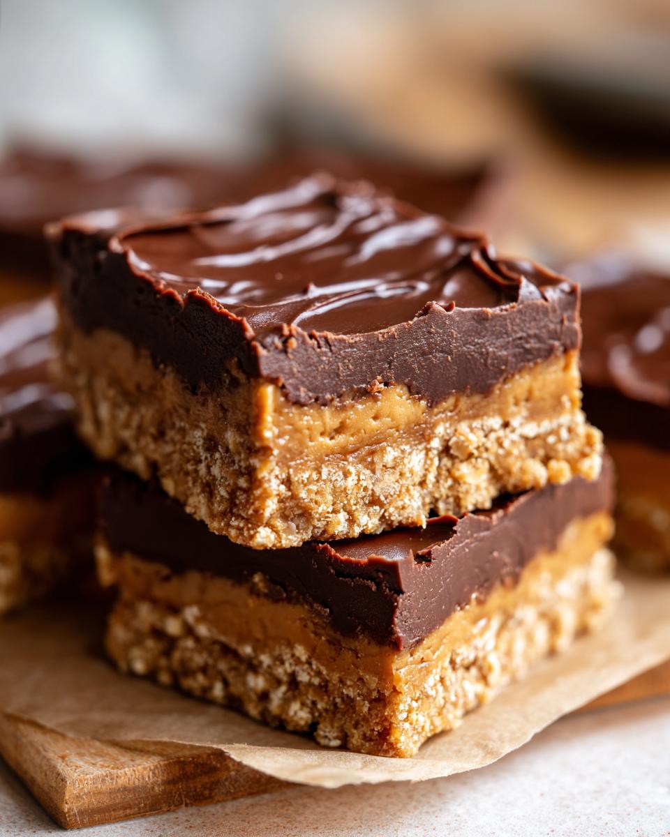 Close-up of stacked No Bake Dessert bars with layers of chocolate, peanut butter, and a crumbly base.