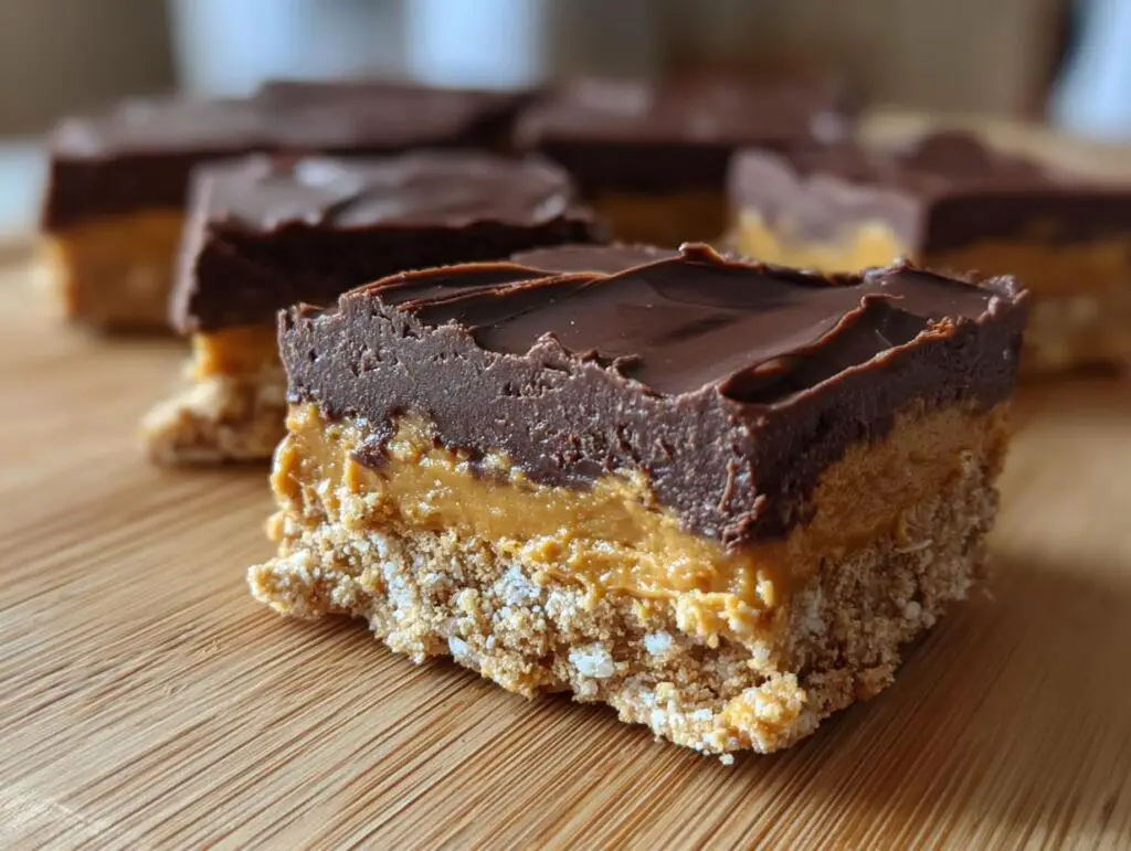 Close-up of a layered No Bake Dessert bar with a chocolate topping.