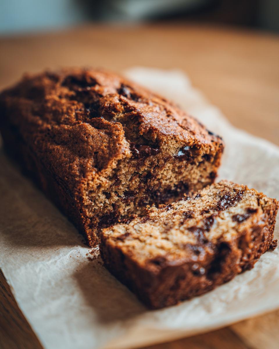 Close-up of a sliced loaf of the No Mixer Dessert, showing chocolate chips.