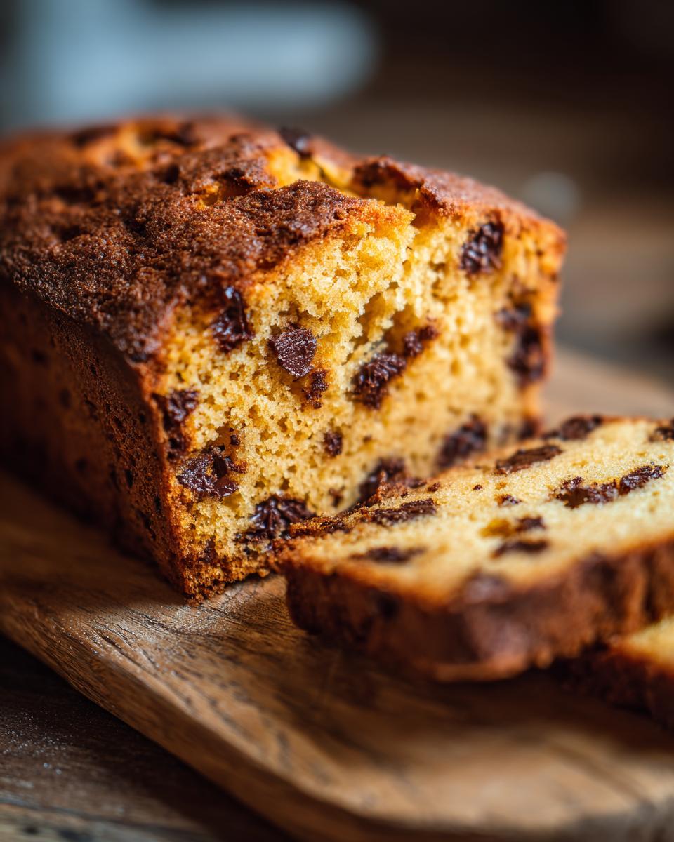 Close-up of a sliced chocolate chip loaf, the perfect No Mixer Dessert.