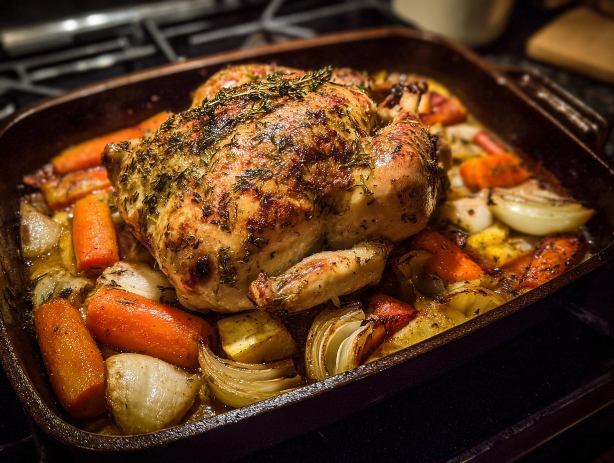 Roasted chicken with vegetables in a pan, perfect for a weeknight dinner with almost no cleanup.