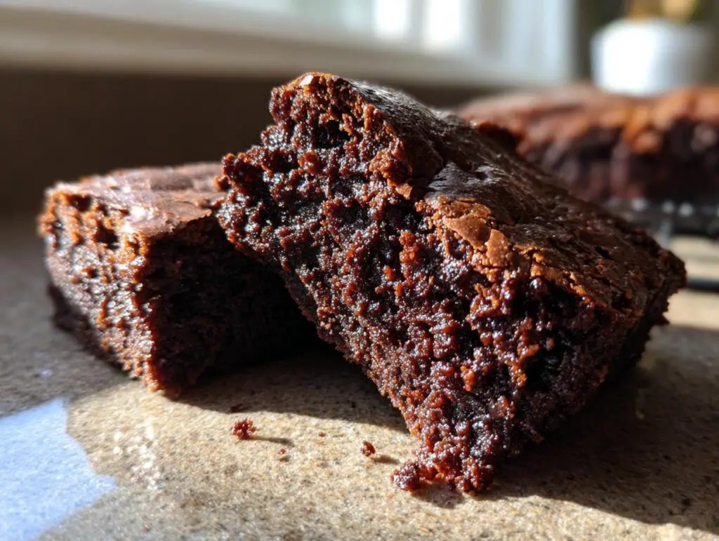 Close-up of a cut brownie showing a rich and fudgy texture. This is a Rich, Fudgy, and Completely Irresistible brownie.