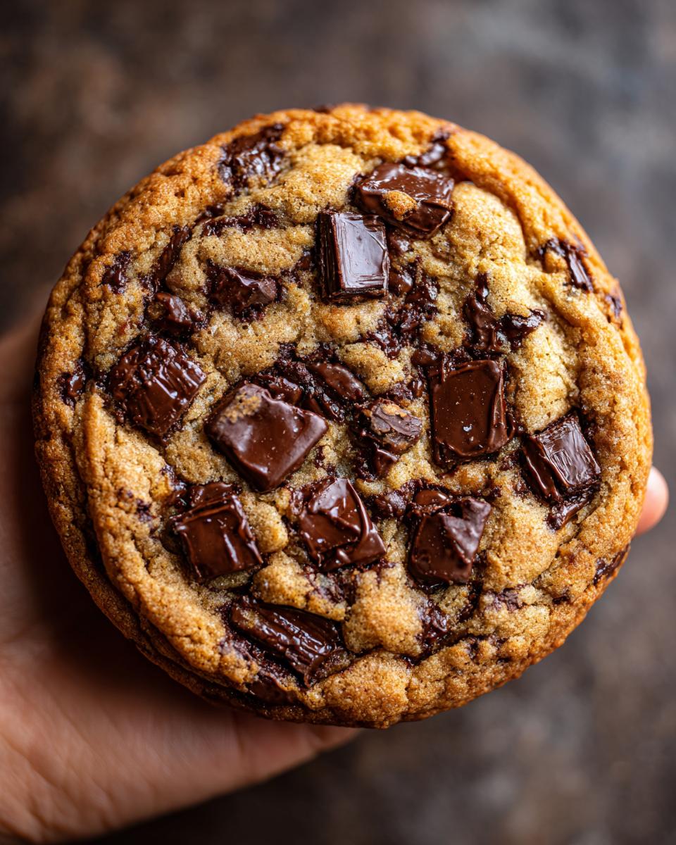 Close-up of a large chocolate chip cookie, a sweet treat, with large chunks of chocolate.
