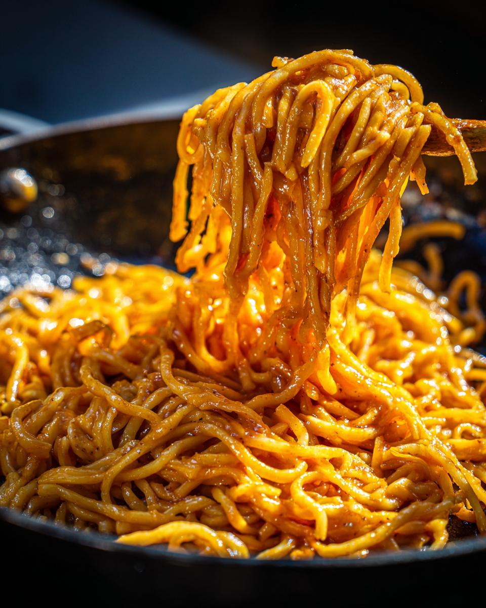 Close-up of cooked pasta from the viral pasta hack, showing the sauce and texture.